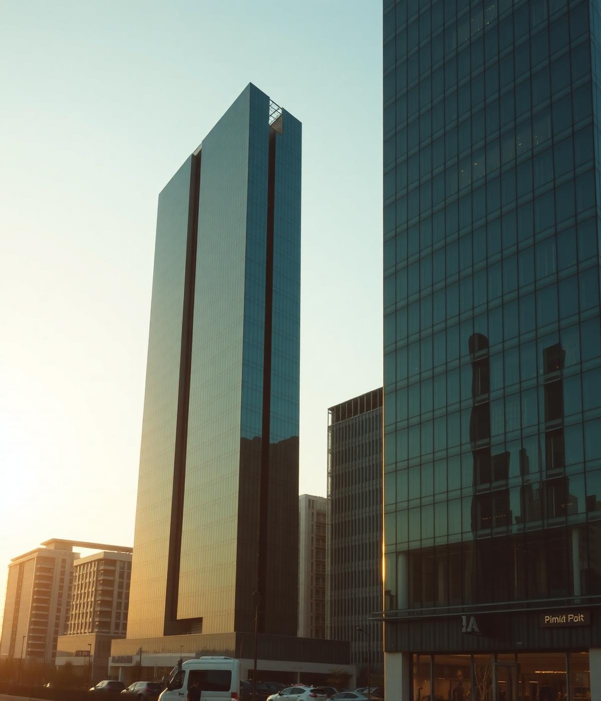 Modern office towers in a Dubai business district at golden hour