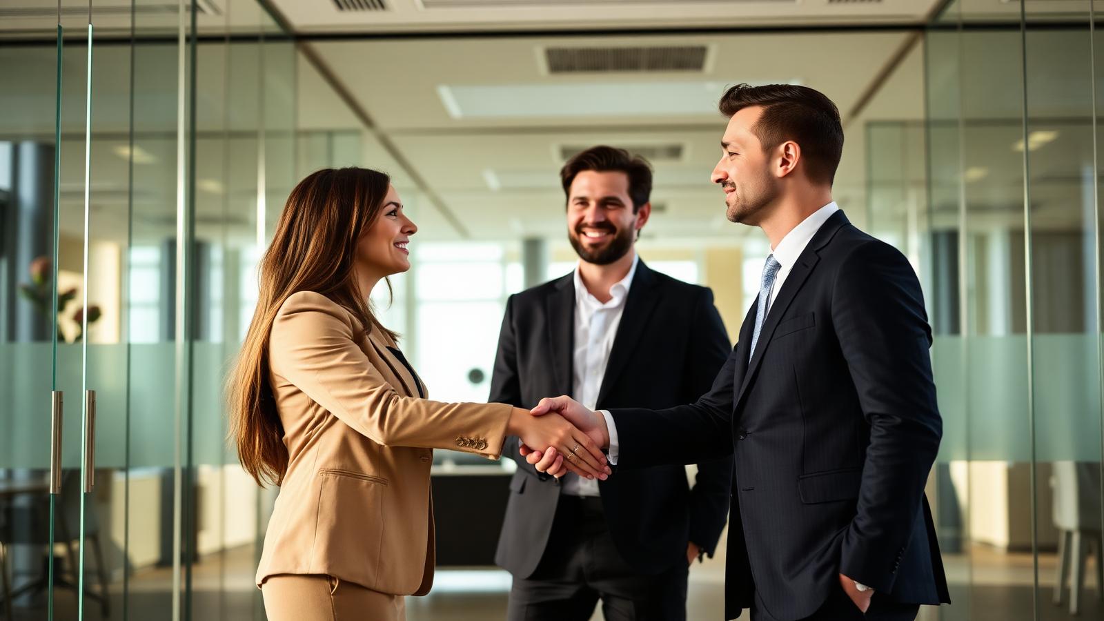 Business professionals shaking hands in a Dubai office