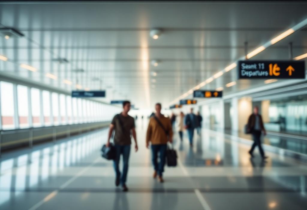 Travellers walking through a bright airport departures walkway