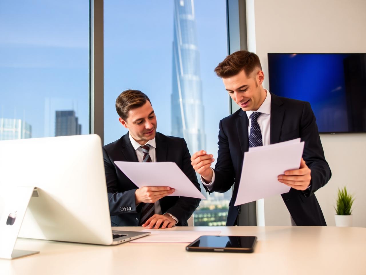 Consultant reviewing company documents at a desk