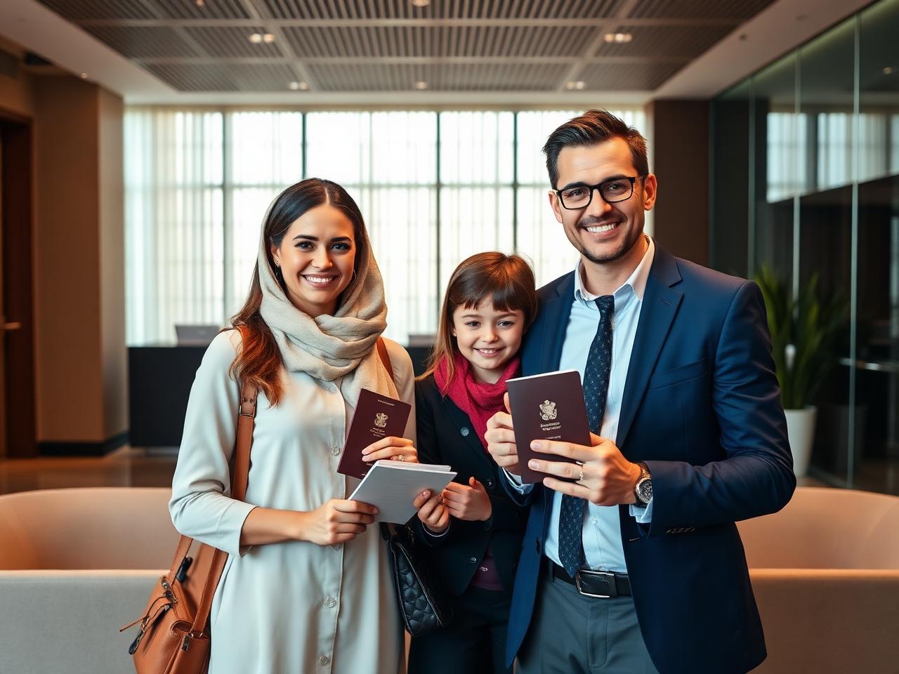 Family holding passports in an immigration consultancy office